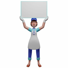 3D Waiter Cartoon holding  whiteboard