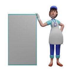 Cute 3D Waiter Cartoon Illustration standing near a whiteboard