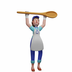 3D Waiter Cartoon Character having a spoon