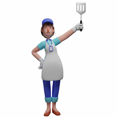 3D Waiter Cartoon Character holding a cooking tool