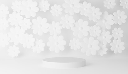 複数の花のモチーフ背景に台座（白）かわいらしい背景画像。