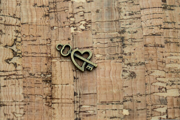 Bronze ornamental key with unique shapes and design on cork board wood background