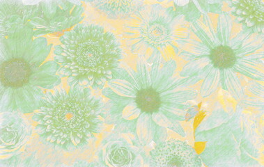 Roses and gerberas painted in green pastel