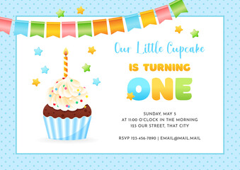 Birthday invitation card template for children party. Our Little Cupcake is turning one. Cute illustration of a cupcake decorated with burning candle and bunting flags on a blue dotted background.