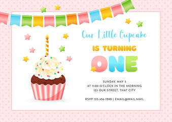 Birthday invitation card template for children party. Our Little Cupcake is turning one. Cute illustration of a cupcake decorated with burning candle and bunting flags on a pink dotted background. 