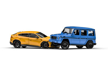 3D render image representing an accident between two luxury suv`` s 