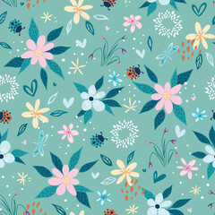 Doodle floral seamless pattern. Gray-green abstract elements with ladybirds for cards, wrapping or fabric.