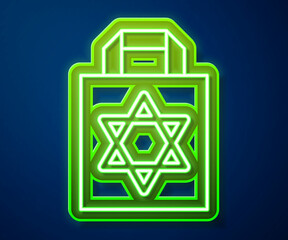 Glowing neon line Shopping bag with star of david icon isolated on blue background. Package sign. Vector