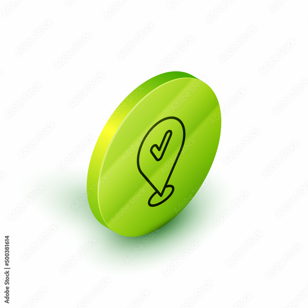 Poster isometric line map pin with check mark icon isolated on white background. navigation, pointer, locat