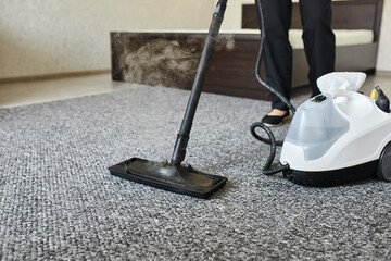 Cleaning service company employee removing dirt from carpet in flat with professional steam cleaner...