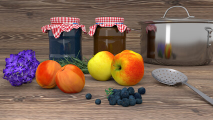 Still life with apples, peaches and blueberries