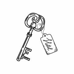 Vintage hotel key, hand-drawn doodle style. Decorative key. Icon. Simple vector illustration.