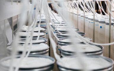 Fototapeta premium Spinning mill workshop, yarn production line.