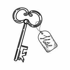 A key for a hotel, a hand-drawn doodle in doodle style. Vintage decorative key. Icon. Simple vector illustration.