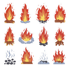Campfire different types. Vector burning bonfire frames. Camping fire collection. Fireplace with fire coals or woodfire in cartoon style set. Vector illustration