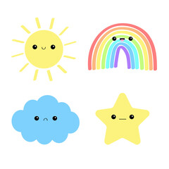 Rainbow, sun, cloud, star icon set. Cute cartoon kawaii funny baby character. Smiling face emotion. Baby charcter collection. Flat design. Pastel color. Isolated. White background.