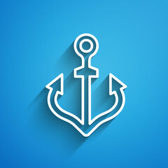 White line Anchor icon isolated on blue background. Long shadow. Vector