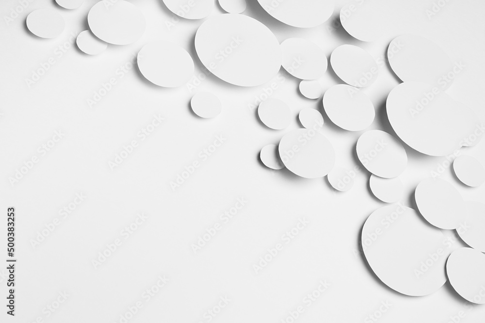 Poster abstract flow of flying white paper ovals different size in shine light with soft shadows as energy 