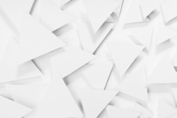 White paper triangles as energy mess abstract pattern in bright light with soft light shadows, corners, top view. Airy tender softness modern background in future minimalistic style.