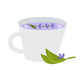 Cup of herbal tea with lavender flowers. Vector illustration of a healthy drink for design or decoration.