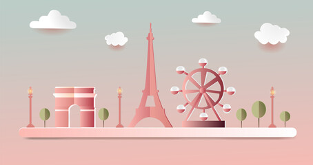 Paris, Paper cut style, Hand drawn vector illustration