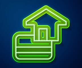 Glowing neon line Credit card icon isolated on blue background. Online payment. Cash withdrawal. Financial operations. Shopping sign. Vector