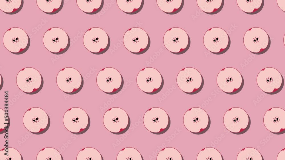 Poster pattern of animated round fruit symbols of red apple on a pink background. seamless loop food animat