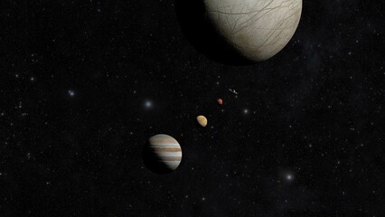 planet alignment  jupiter , venus , mars and saturn aligns  , view from europa proximity 3d illustration © SN