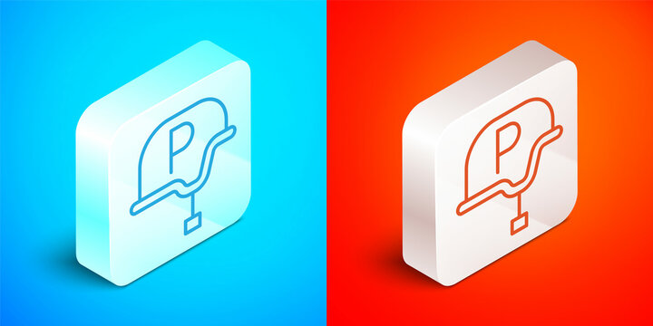 Isometric line War journalist correspondent icon isolated on blue and red background. Live news. Silver square button. Vector