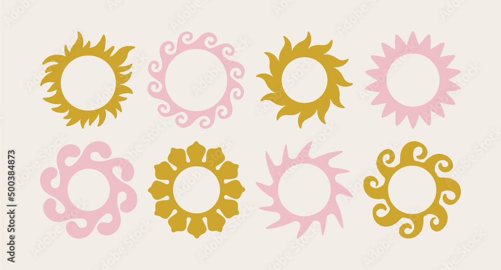 Poster Vector set of design elements and illustrations in simple flat linear style - sun symbols, abstract forms and shapes - logo design templates, badges and stickers for posters, prints, banners
