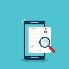 Online resume analysis, use phone and magnifying glass to view recruitment resume, concept of recruitment and human resources
