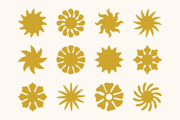 Vector set of design elements and illustrations in simple flat linear style - sun symbols, abstract forms and shapes - logo design templates, badges and stickers for posters, prints, banners