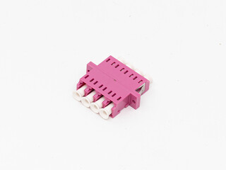 SC-UPC adapter for single mode fiber optic patch cord with flange on isolated white background