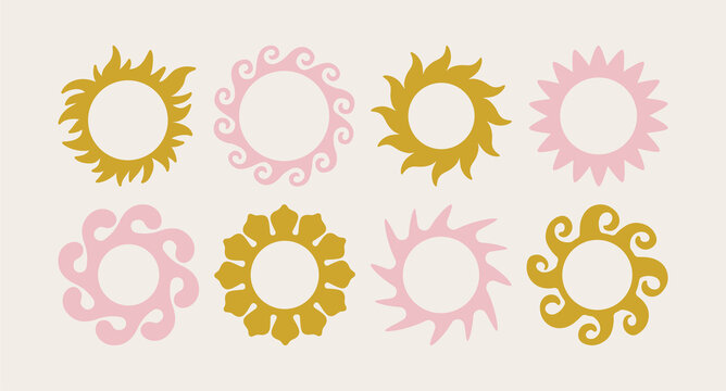 Vector set of design elements and illustrations in simple flat linear style - sun symbols, abstract forms and shapes - logo design templates, badges and stickers for posters, prints, banners
