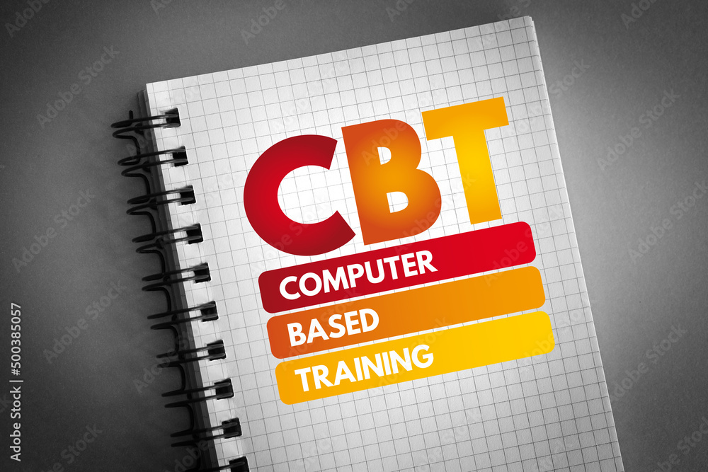 Poster cbt - computer based training acronym on notepad, concept background
