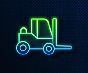 Glowing neon line Forklift truck icon isolated on blue background. Fork loader and cardboard box. Cargo delivery, shipping, transportation. Vector
