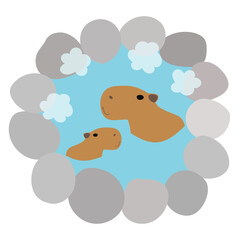 カピバラの親子が温泉に入るイラスト素材