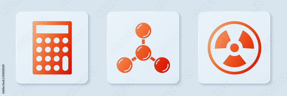 Poster set molecule, calculator and radioactive. white square button. vector