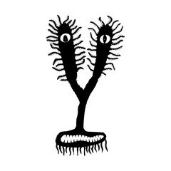 A funny and weird fluffy creature with two eyes and a toothy mouth. Fictional animal. Isolated vector on a white.