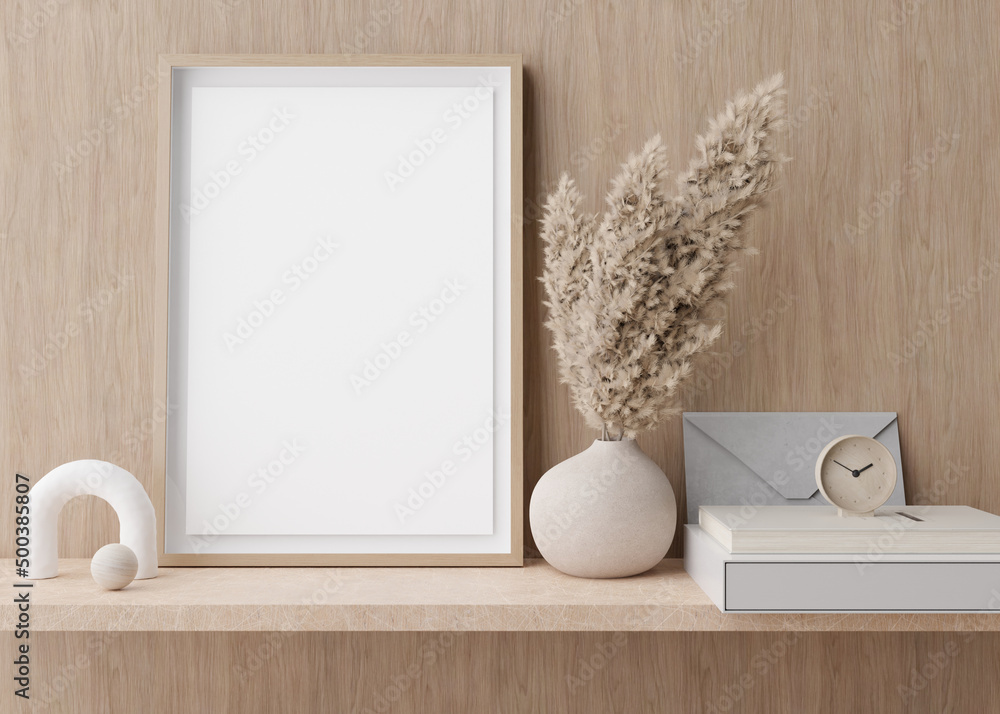 Wall mural Empty vertical picture frame standing on shelve in modern room. Mock up interior in contemporary style. Free, copy space for picture. Pampas grass in vase. 3D rendering.