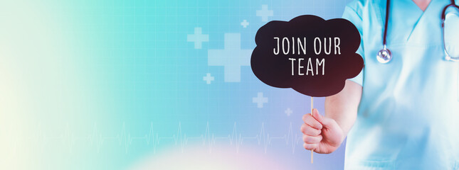 Join our Team. Doctor holding sign. Text is in speech bubble. Blue background with icons