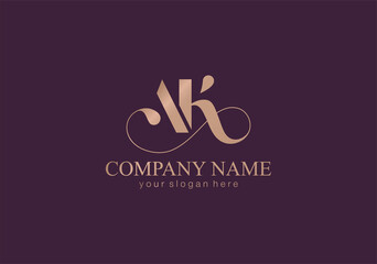 AK letter monogram. Elegant luxury logo. Calligraphic style. Corporate identity and personal logo. Vector design. Luxurious linear creative monogram.