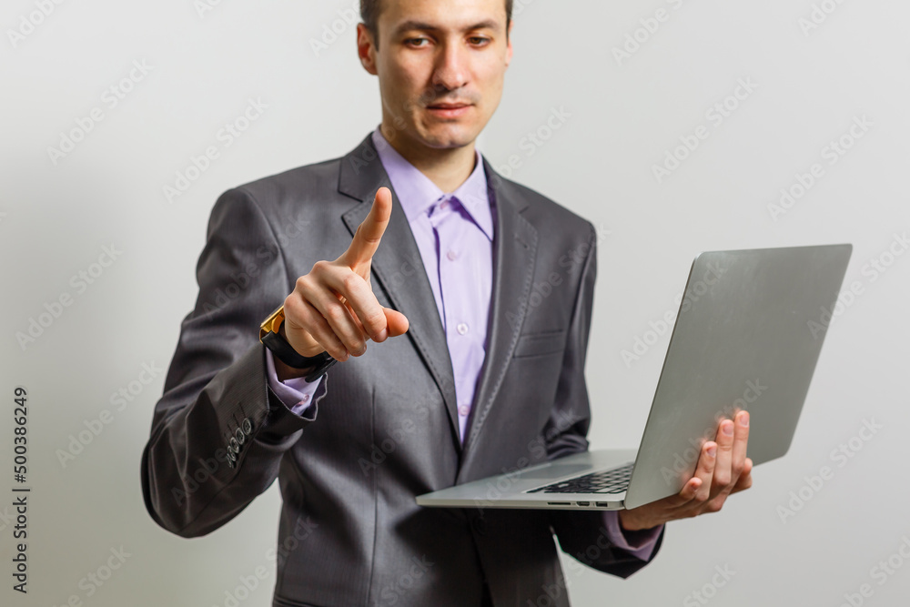 Poster businessman click on virtual touchscreen. futuristic business and it presentation background