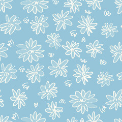 Seamless pattern with hand drawn meadow flowers in Ditzy style. Outlined illustrations on sky blue background for surface design and other design projects