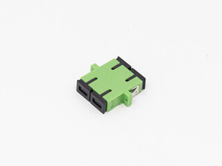 SC-UPC adapter for single mode fiber optic patch cord with flange on isolated white background
