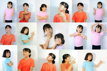 Set of photographs of two girls performing various poses on a white plaster background.