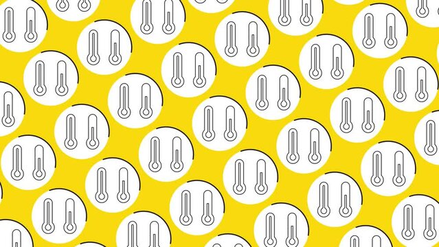 Thermometer icon in white circle with black dynamic line pattern on a yellow background. Seamless loop dynamic pattern with regular symbols rotating around