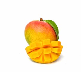 Yellow ripe mango, sliced ​​fruit, slices isolated on white background.