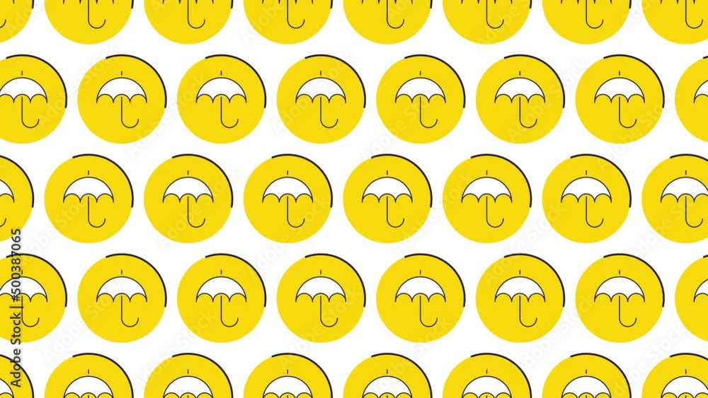 Aufkleber umbrella icon in yellow circle with black dynamic line pattern on a white background. seamless loop 