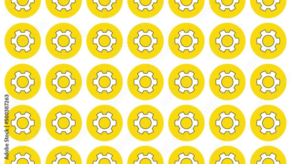Aufkleber cogwheel icon in yellow circle with black dynamic line pattern on a white background. seamless loop 